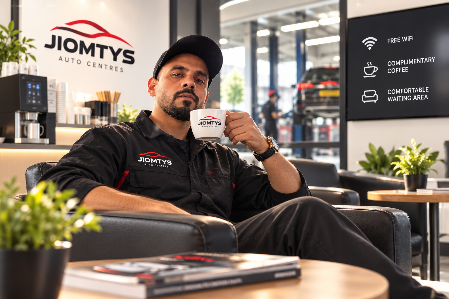 Technician relaxing in the Jiomty's waiting area with a complimentary branded coffee