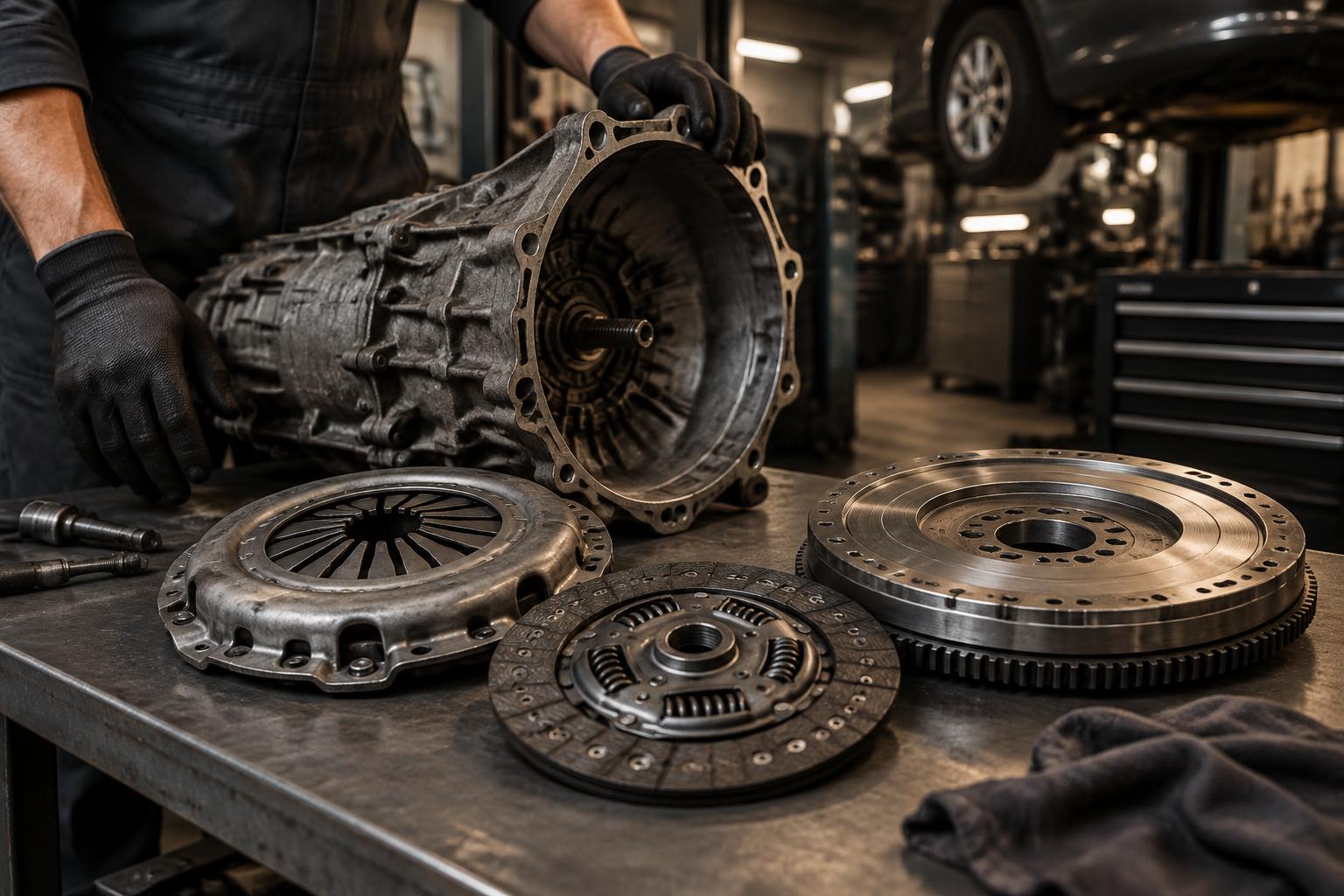 New clutch kit and dual mass flywheel beside a removed gearbox in the Jiomtys Auto Centres workshop, Southampton
