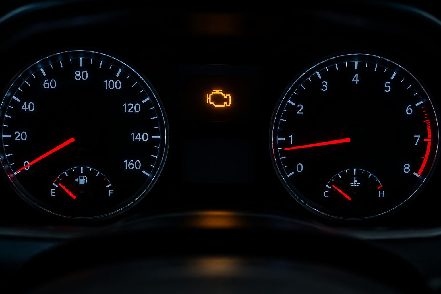 Amber engine management light illuminated on a car dashboard